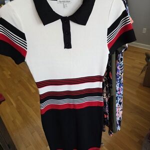 Striped Black and White Dress with Red Accents